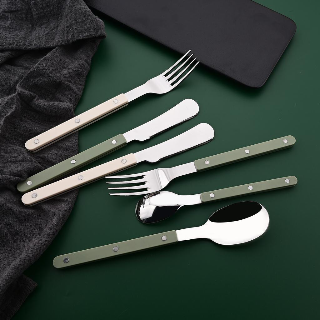 20 PCS Stainless Steel Flatware Set Service for 4, Retro Style  Tableware Forks Spoons Knives Eating Utensils, Acrylic Handle with Rivets Design