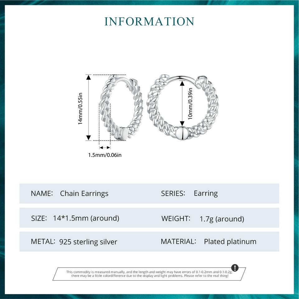 Bamoer 925 Silver Twisted Chain Ear Buckles Simple Punk Style Silver Hoop Earrings for Women Fine Jewelry