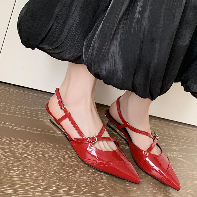 Fashion New Summer Sandals Split Leather Pointed Toe Sandals for Women Low Heels Fashion Retro Sandals Wedges Ladies Shoes Women Black