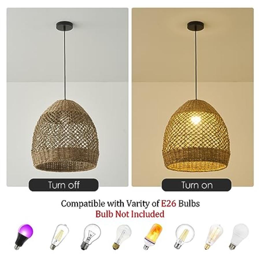 Rattan Pendant Light 13.77 Rustic Hand-Woven Wicker Hanging Light 1-Light Water Plants Rattan Chandelier for Dining Living Bedr