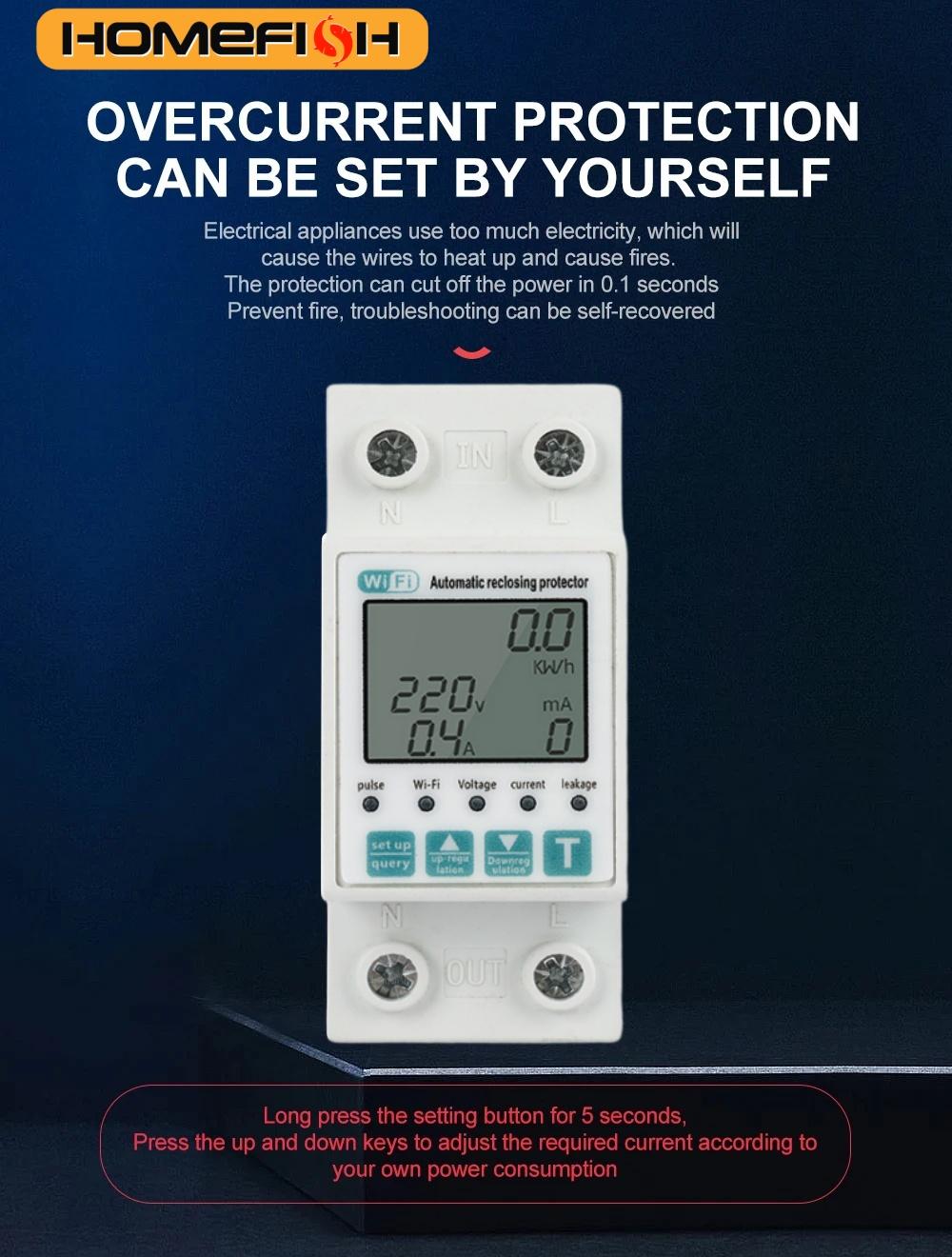 

Reclosable smartlife TUYA WIFI Circuit breaker 63A 110V 220V Energy Meter Metering Timer with voltage current leakage protection 1-63A