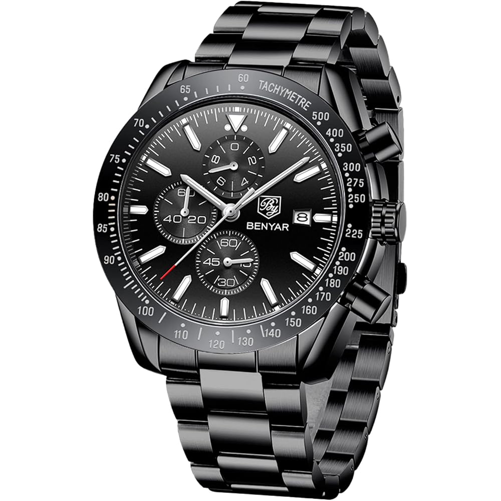 Benyar Men s Analog Chronograph Watch 30M Water Resistant Leather Band Silver Black