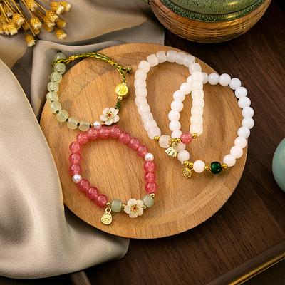 Chinesischer Stil Segensvolles Armband mit Jadepfirsichblüte, Chinesisches klares rundes Perlenarmband, Schmuck mit Perlenlotus-Kapsel-Knoten