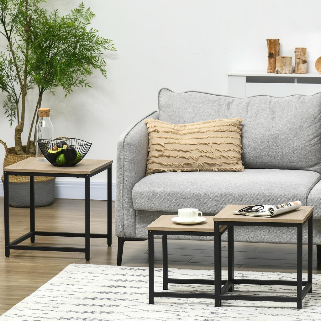 Set Of 3 Side Tables Industrial Design Black Steel Frame Wood Grain Tabletop