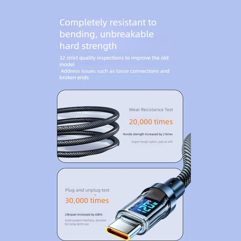 120W Type C to USB Cable with LED Digital Display Fast Charging USB C Charging Data Cable Wire Cord Data Transfer