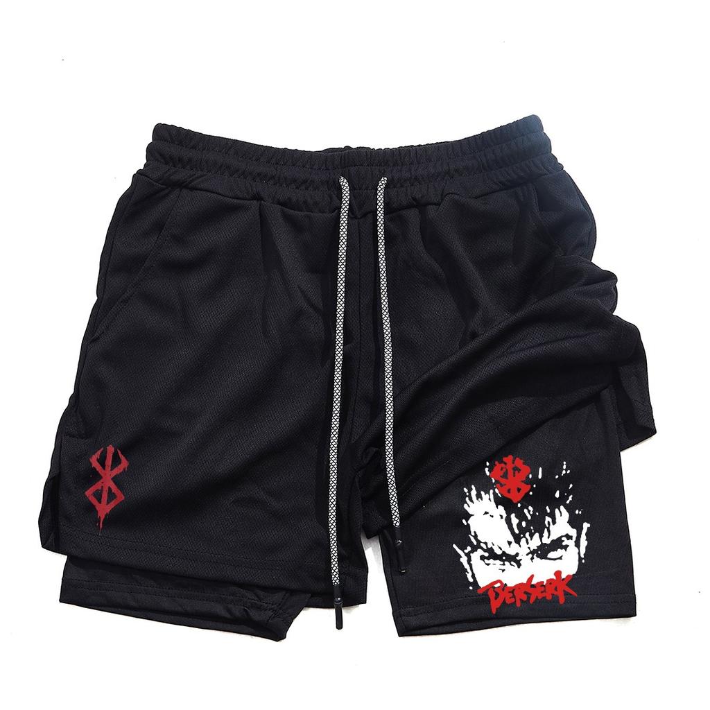 Pantalones cortos de gimnasio para hombre, ropa deportiva 2 en 1 de Anime para correr, trotar, entrenamiento, Yoga, baloncesto
