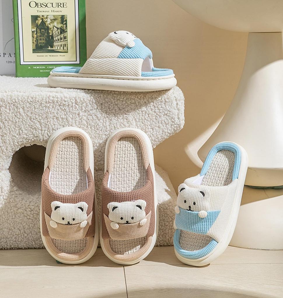 HZJSWY Room Shoes with Cute Bear Easy To Perfect for Indoor or Outdoor Sizes Women's Spring/Summer/Autumn Slippers, Open-Front, Linen, Non-Slip,