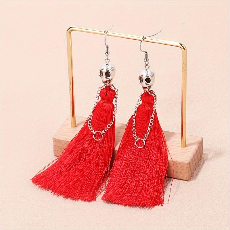 1 Pair Vintage Gothic Dark Skull Bride Tassel Drop Earrings  Halloween Fashion Casual Dangle Accessories For Party  Masquerade Festive Music Festival