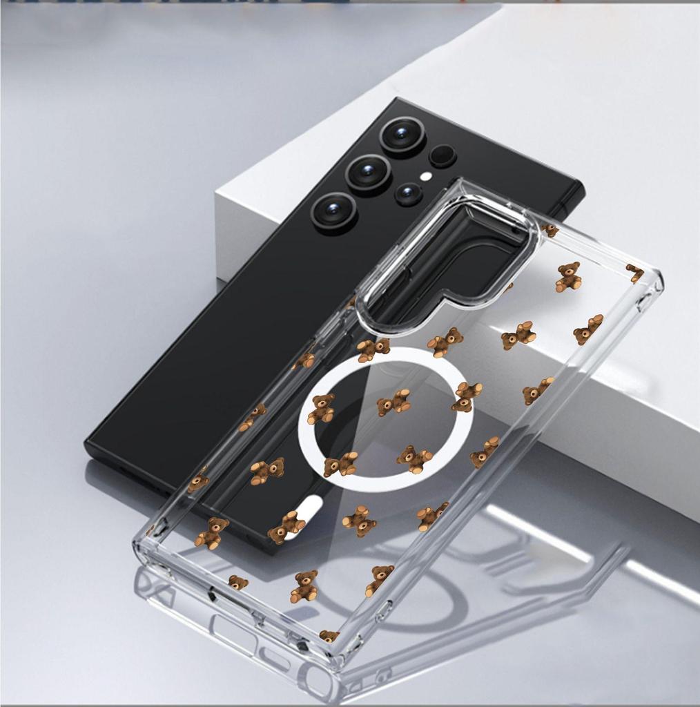 Cartoon Bear Magnetic Transparent Full Coverage Case for iPhone 15/16/17 Pro Max