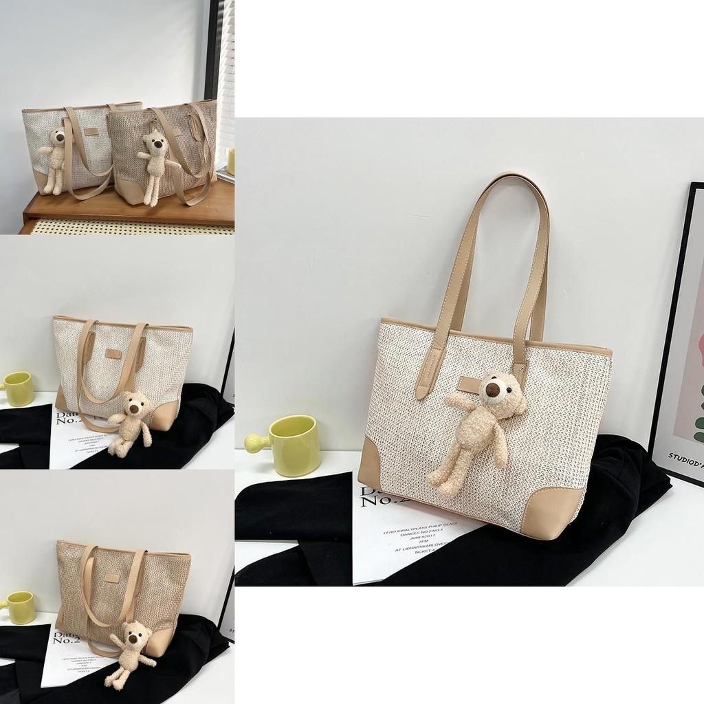 Large Capacity Canvas Tote Bag For Women With Charming Woven Design And Stylish Bear Motif