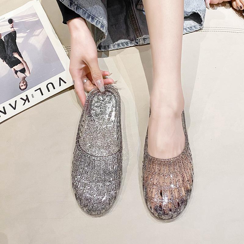 Women's Cross-Strap Closed-Toe Crystal Jelly Mules - Non-Slip, Hollow, Flat Outdoor Summer Sandals