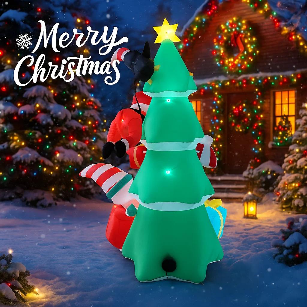 6.8FT LED Lit Inflatable Xmas Yard Decor Christmas Tree with Santa Elf Penguin Christmas Supplies Home Decor Ornaments Toy Gifts