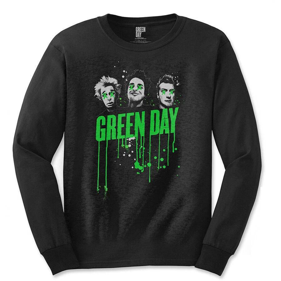 Officially licensed Green Day Drips Mens Black Long Sleeve 100% Cotton T-shirt Mens Tees Top Green Day Tee L