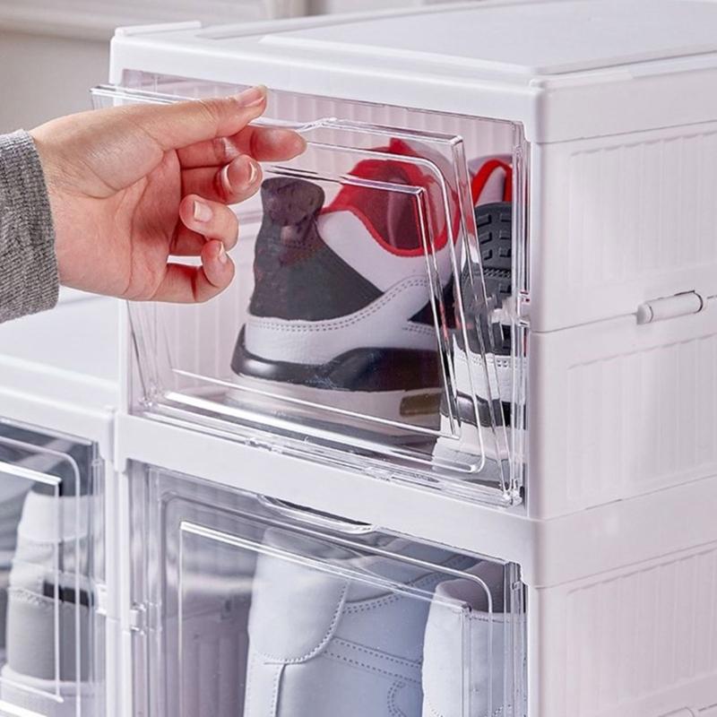 Stackable Shoe Organizer with Clear Viewing Panel Foldable Footwear Storage Rack Dustproof Shoe Case Dorm Room Essential