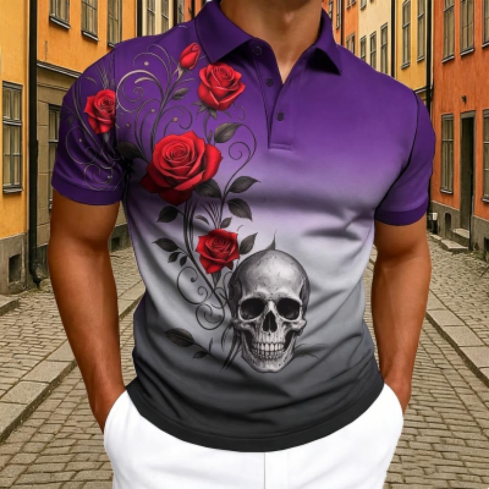 Men's Red Rose Floral Skull Print Polo Shirt Men's Outdoor Street Short Sleeve Tees Top Summer Home Casual T-shirt Men's and Women's Polo Shirt