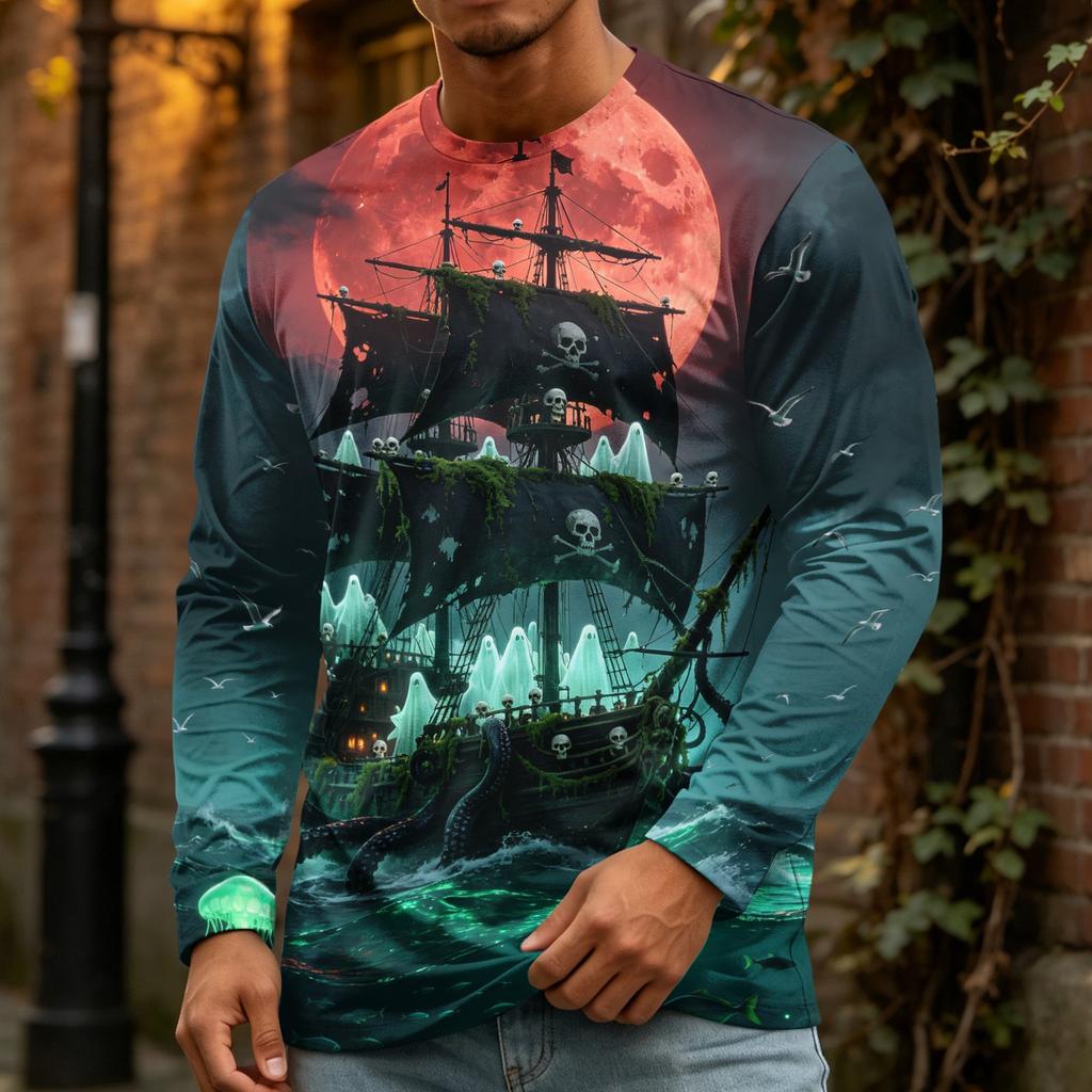 Men's Halloween Printed Long Sleeve Crewneck T-Shirt
