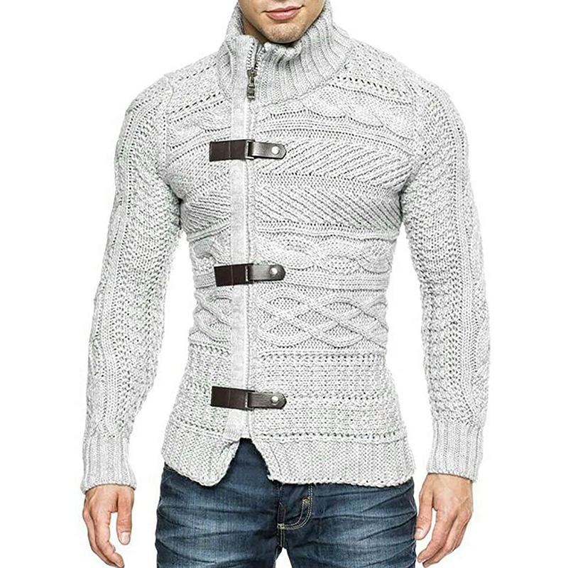 2025 Autumn/Winter Men's Plus Size High Neck Sweater Cardigan with Leather Buckle - European & American Style Long Sleeve Knit Coat