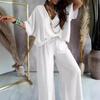 In-Stock 2023 Women's V-Neck Batwing Sleeve Casual Loose Wide-Leg Pants Set