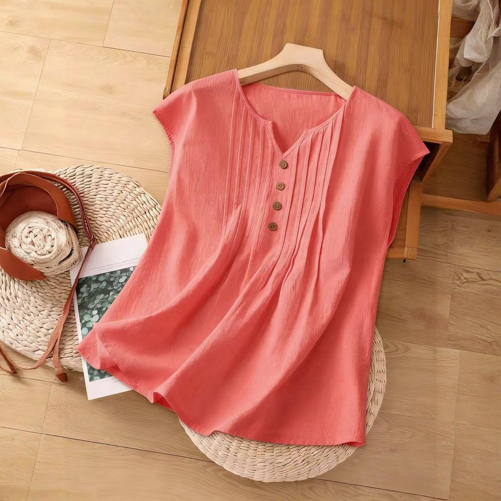 Women's Fashionable Multi-Color Loose Casual Button Cotton Linen Top