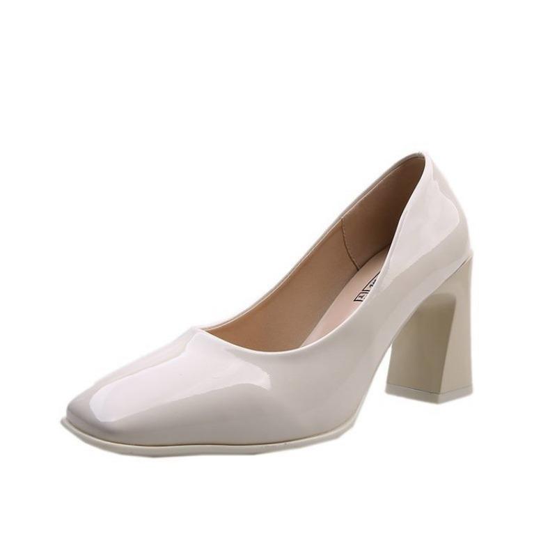 High-heeled Single Shoes Women's Spring and Autumn Models Mid-heeled Retro Square Head Thick-heeled Shoes Gentle Fairy Soft Leather Grandma Shoes
