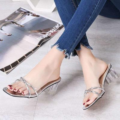 Sandalen Damen Sommer 2025 neues Modell, modische und vielseitige Oberbekleidung, hochhackige Sandalen mit dickem Absatz transparentem Kristall und Damenschuhe t