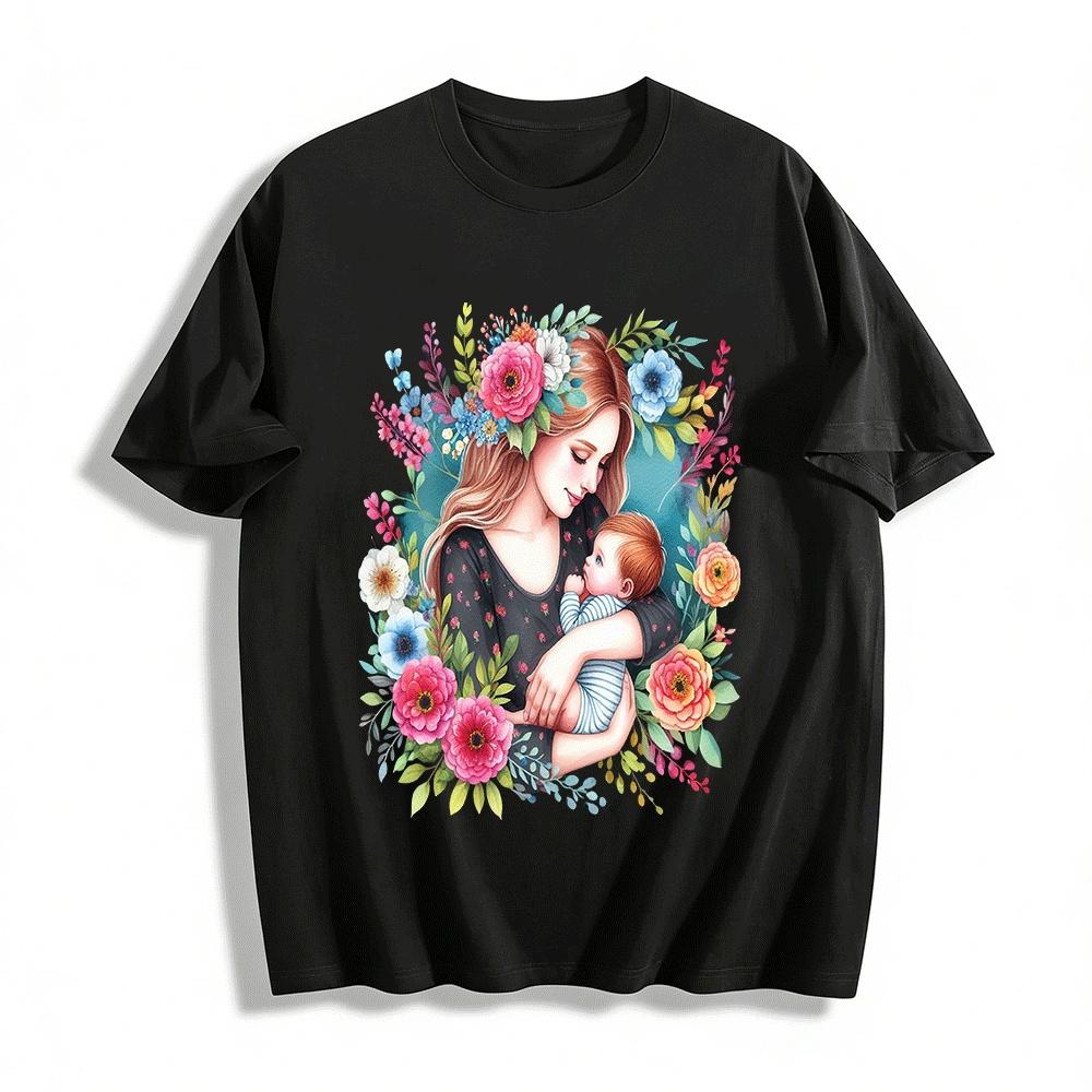 

Floral Print Casual Top with Mother Holding Baby Graphic Pure cotton T-shirt XXS