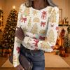 Women's Casual Christmas Print Long Sleeve Ribbed Knit Top with Round Neck