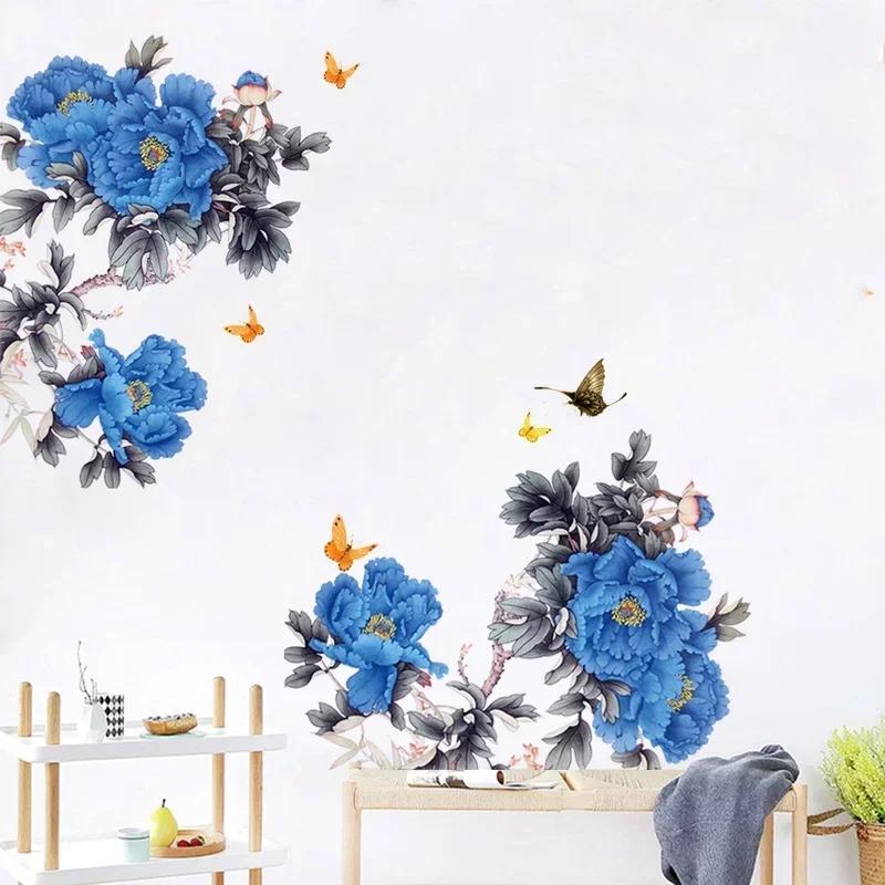 2024 New Blue Peony Flower Wall Sticker Home Decor Self-adhesive Living Room Sofa Background Decoration Stickers