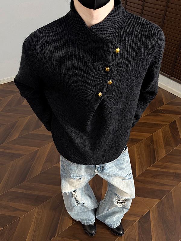 Hoge Hals Trui voor Mannen in Koreaanse Stijl met Onregelmatig Knopenontwerp - Trendy, Cool, Casual Gebreide Top