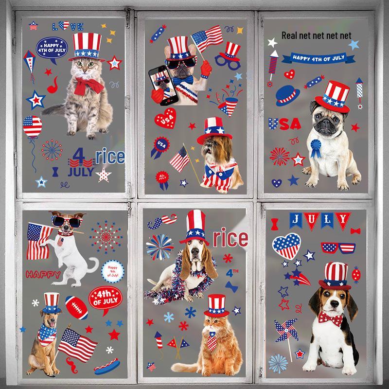 Double-Sided Pet-Themed Static Window Stickers for US Independence Day Parties and Dorms