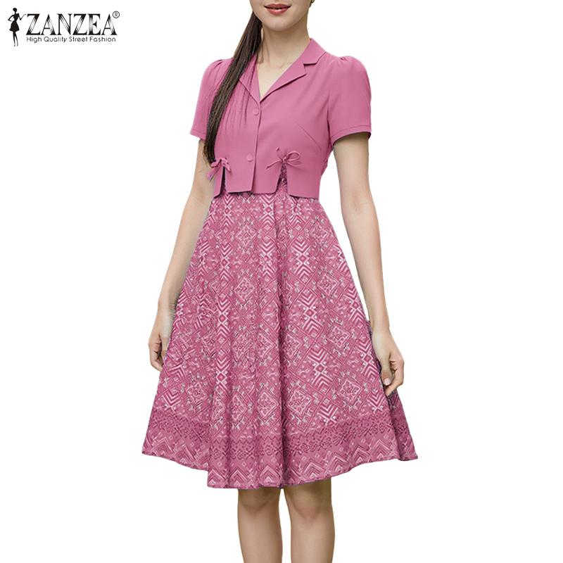ZANZEA Damska Casualowa Letnia Sukienka z Krótkim Rękawem i Dekoltem V z Nadrukiem