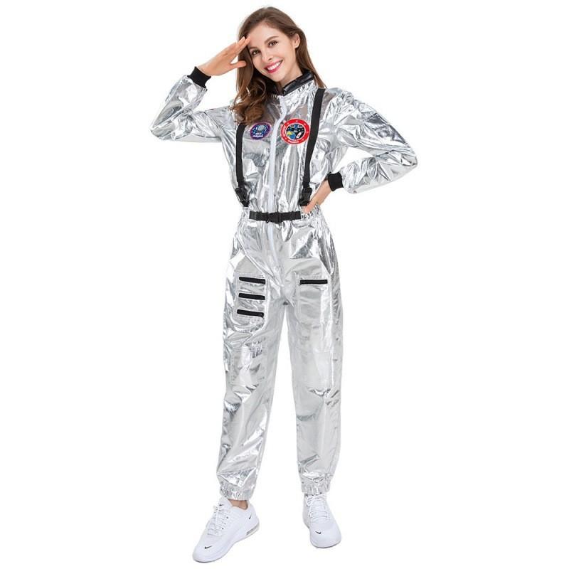 Elegant Silver Female Astronaut Costume For Halloween Featuring Stylish Cosplay Design