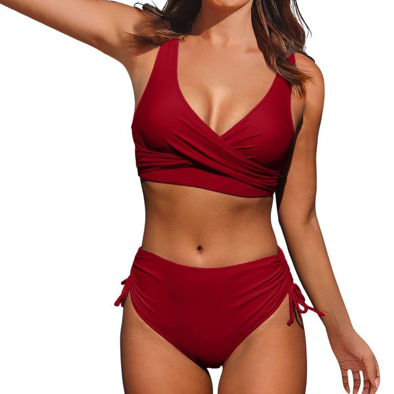 New Solid Color Cross-strap Sexy Halter Split High-waisted Bikini Swimsuit