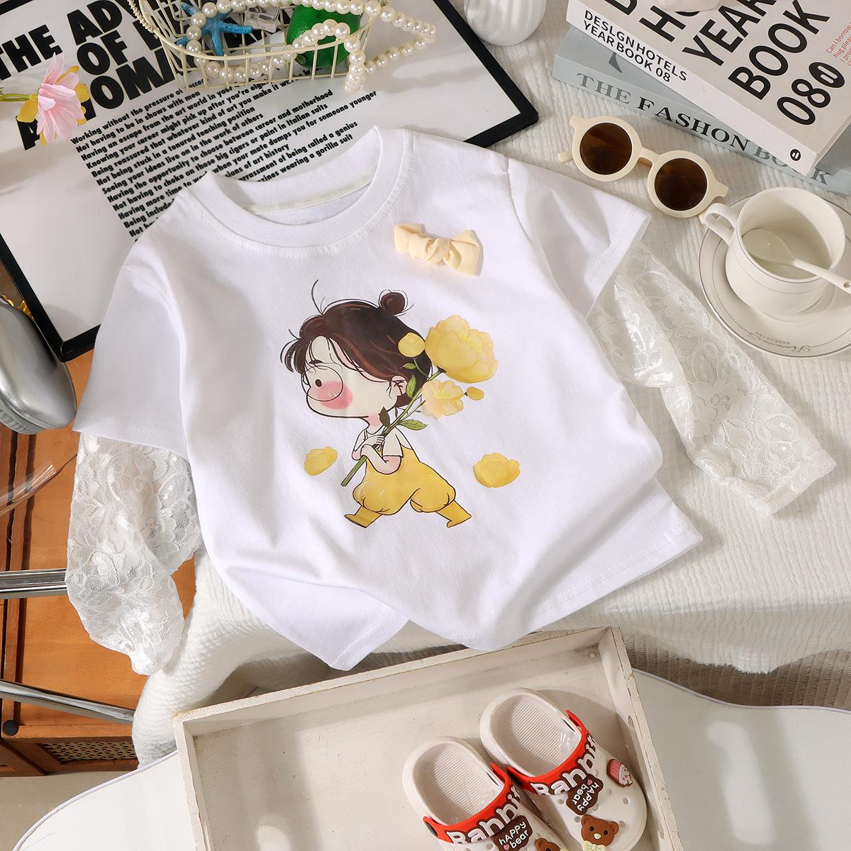 Summer Girls Cotton Lace Short Sleeve Set With 3D Print Mosquito Cute Two Piece Outfit 90cm