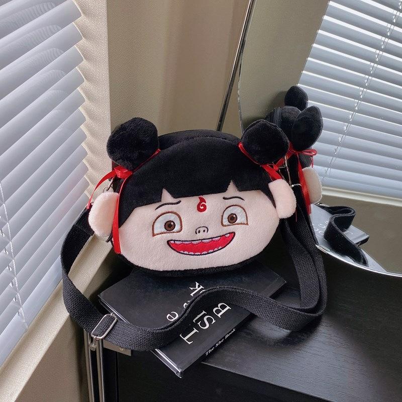 Cute Nezha Laughing And Big Eyed Expression Cartoon Embroidery Plush Backpack