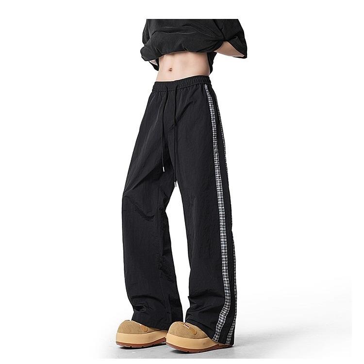 American striped splicing casual pants men's trendy summer new loose wide-leg versatile simple drawstring long pants