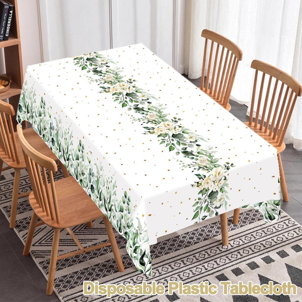 183x137cm Eucalyptus Leaves Disposable Tablecloth Sage Green Plastic Table Cover for Summer Spring Birthday Party Table Decor