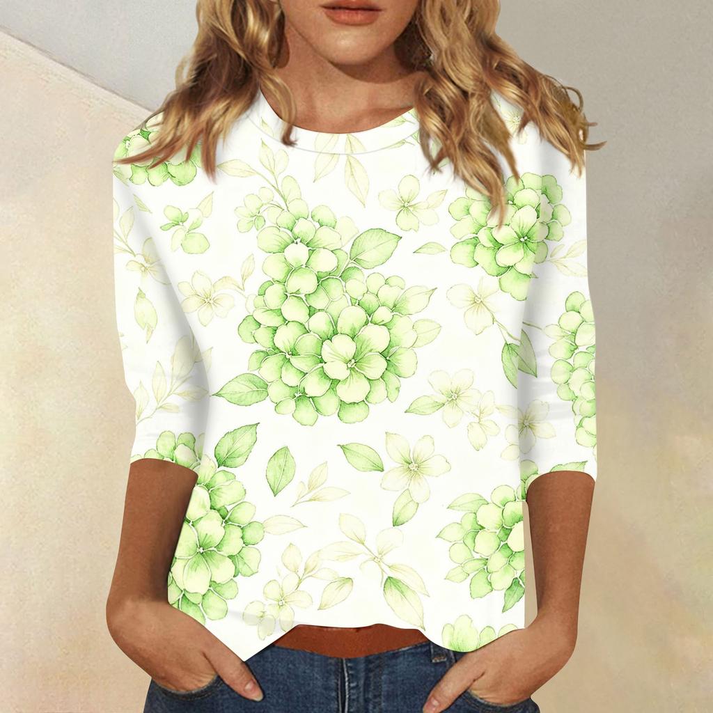 Womens Casual Floral Print Top with Three Quarter Sleeves and Crew Neck Relaxed Fit Lightweight Blouse for Everyday Wear