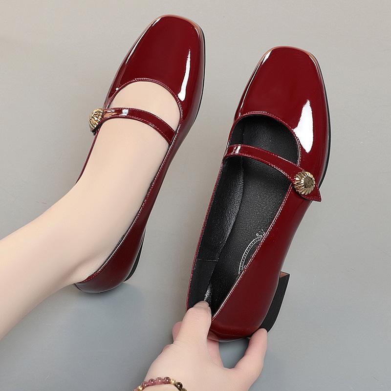 fashion Women's Summer Square Toe Single Shoes On Metal Decoration Flower Leisure Outdoor Lady Sweet Shallow Mouth Low-heeled Patent