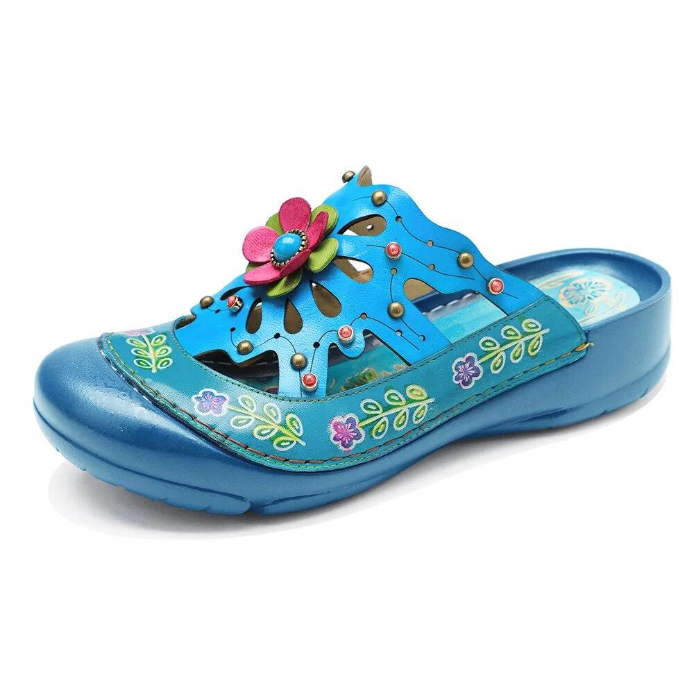 

Johnature женские полые тапочки из натуральной кожи, наружные шлепанцы с ручной росписью, сандалии на плоской подошве с цветочным узором ручной работы 39 синий