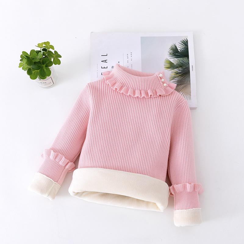 2023 Baby Girl Beaded High Neck Fleece Lined Sweater Shirt