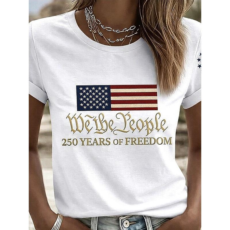 Women's T Shirt Print Graphic Letter American Flag Stylish Classic Casual Short Sleeve Crew Neck Regular Tops Summer