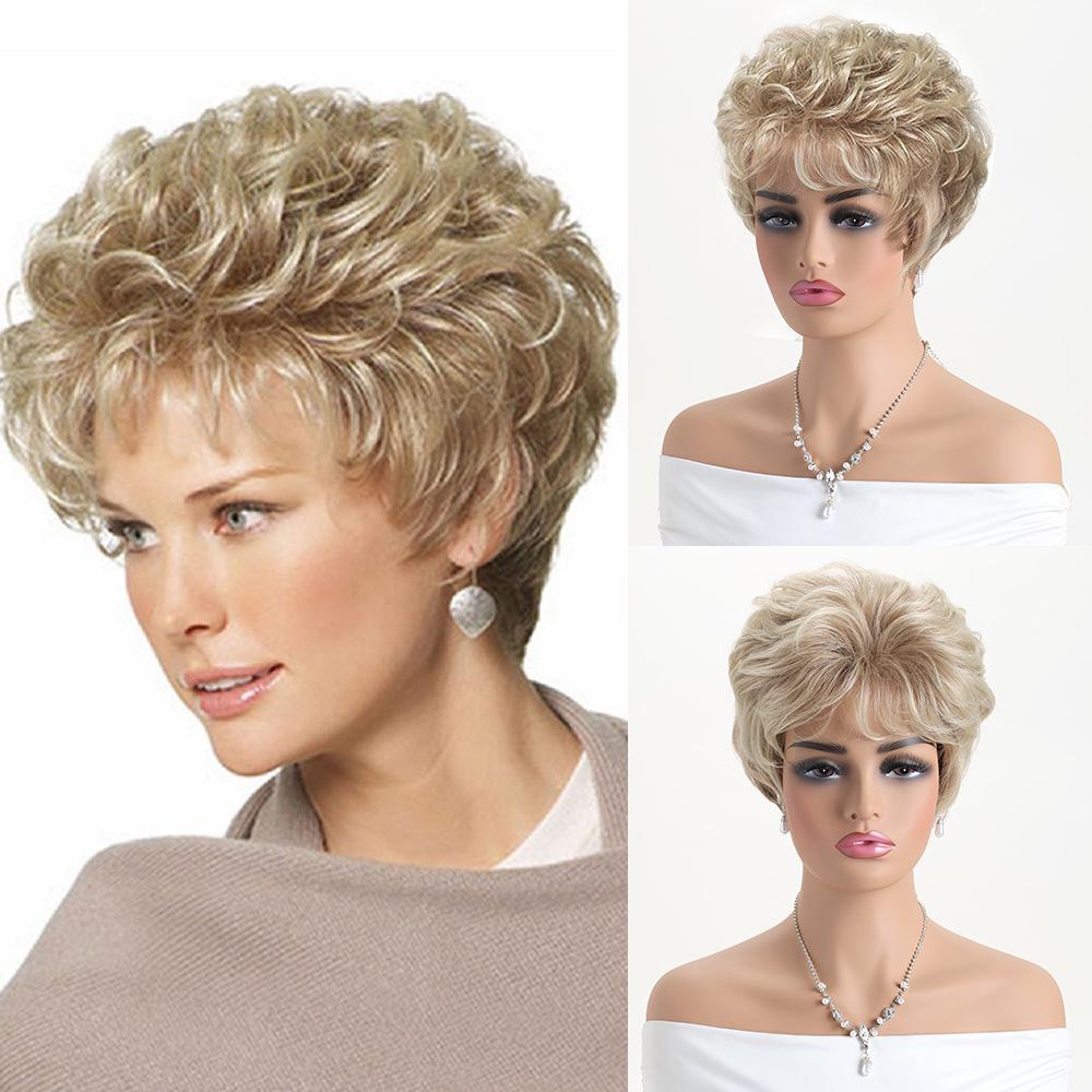 

Short Blonde Pixie Wigs with Bangs Highlights Layered Cut Natural Curl Straight Synthetic Hair Wig for White Women