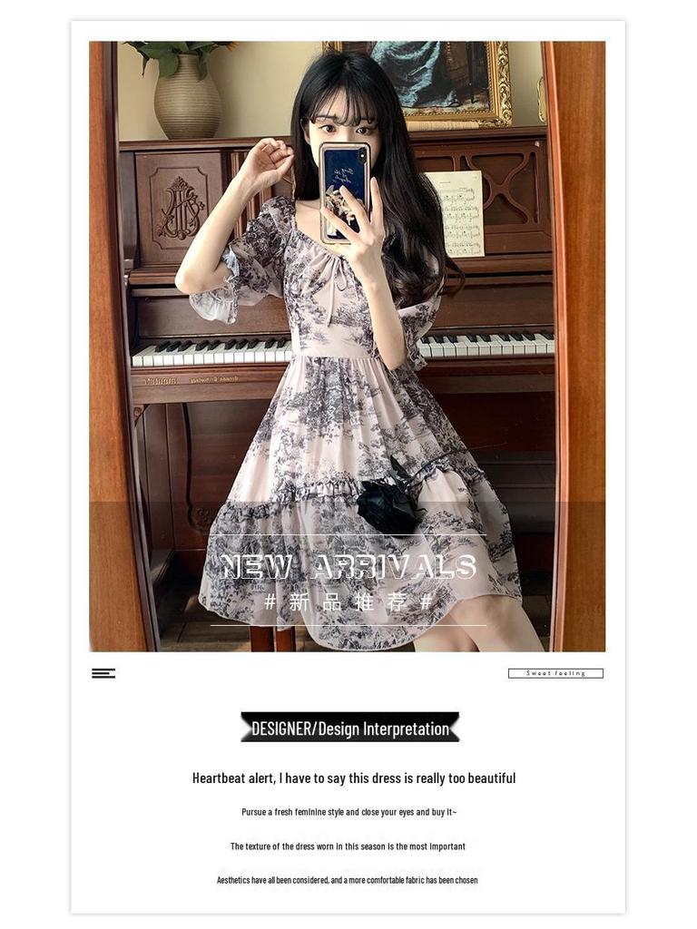 Slim Waist Puff Sleeve Summer Dress - Girls' Square Collar Design