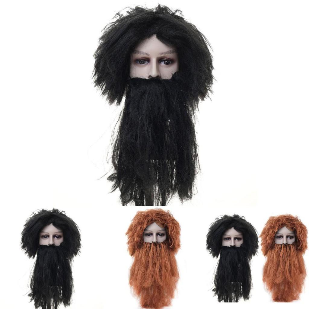Authentic Long Black Wildman Wig And Beard Costume Set For Halloween Celebrations