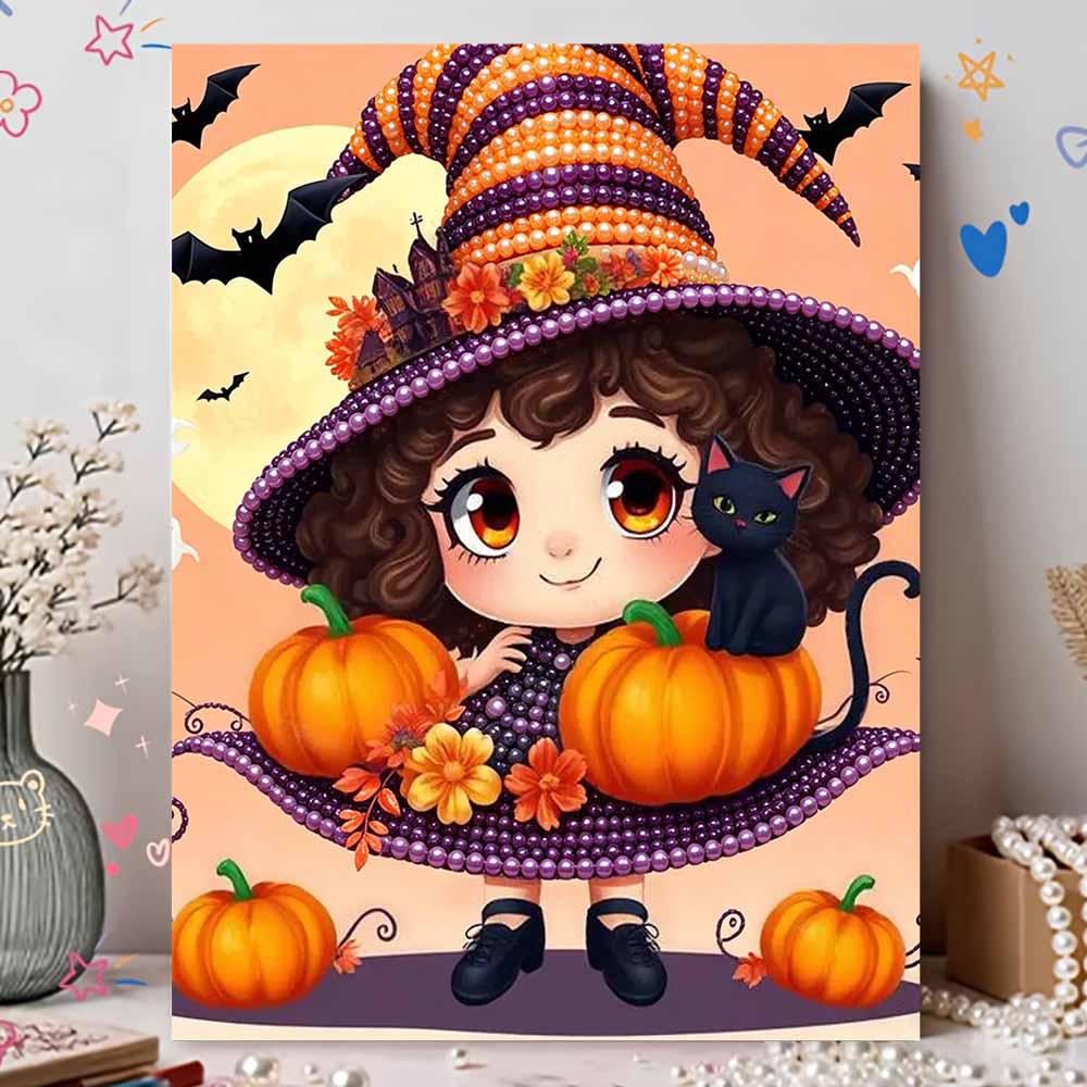 Pearl Painting DIY Kit Frameless Halloween Witch Pumpkin Cat Pattern Shiny Bead Art Canvas Creative Wall Decor Gift Craft Home Art