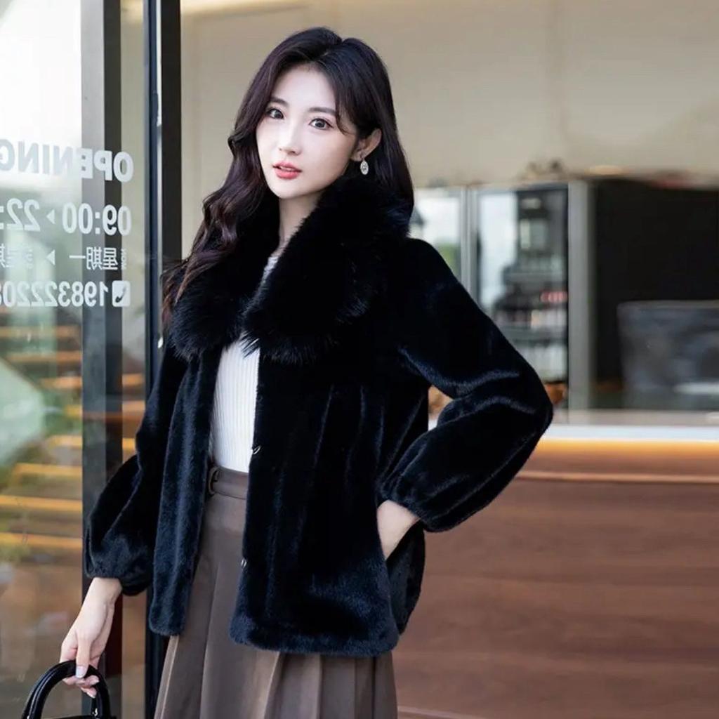 Autumn Winter Short Jacket Thick Warm Faux Fur Collar Elegant Female Warm Outerwear