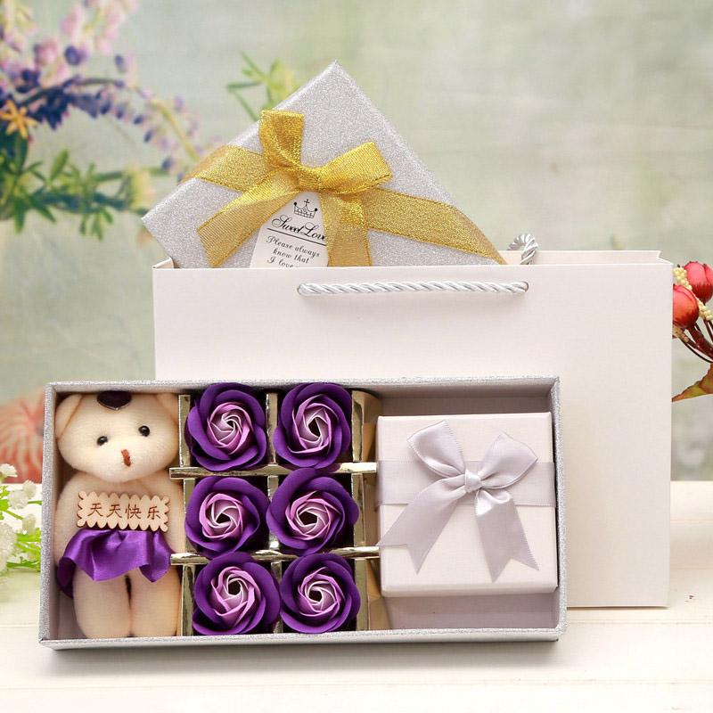 6pcs Romantic Rose Bear with Gift Box Soap Flower Heads Artificial Flowers Bathing Petals Box For Valentine's Day Wedding Gift