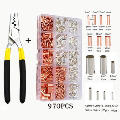 970PCS Kupfer Verbindungsrohr Draht Joint Kleine Kupfer Rohr Terminal Kabelschuh Schnürsenkel Ferrule Zange Kit