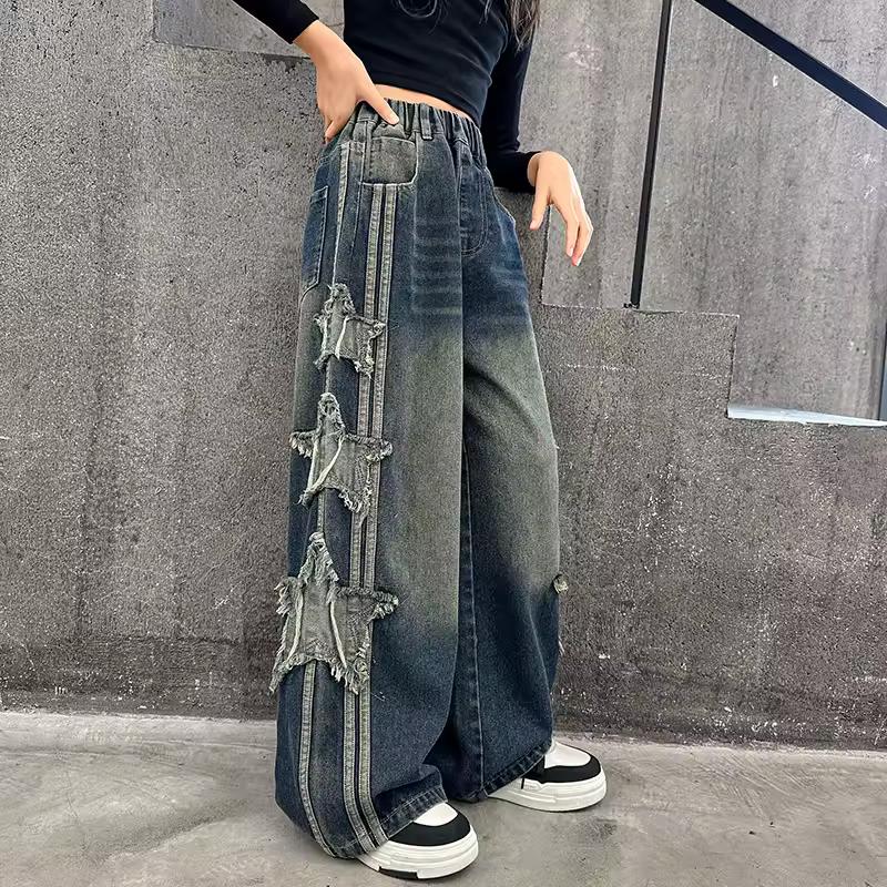 Kids Luxury Baggy Jeans with Side Stripe for Tween Girl Stylish Street Hip Hop Denim Pants Teens Child Star Trousers